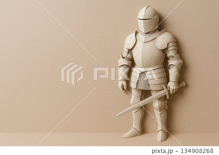 A paper knight stands with a sword against the wall. Space for text. 134908268