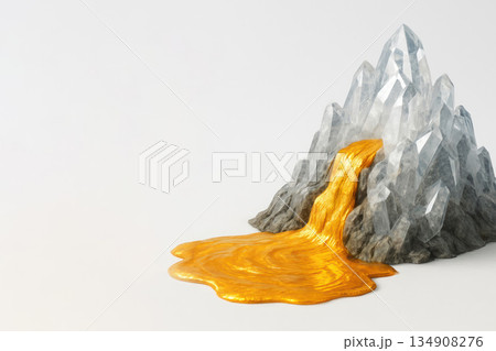 A photorealistic mountain crystalline peak with a golden flow of molten metal. Space for text. A photorealistic mountain crystalline peak with a golden flow of molten metal. Space for text. 134908276