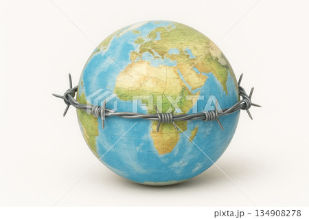 A globe wrapped in barbed wire. 134908278