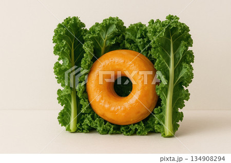 Donut between cabbage leaves on a light background. Space for text. Donut between cabbage leaves on a light background. Space for text. 134908294