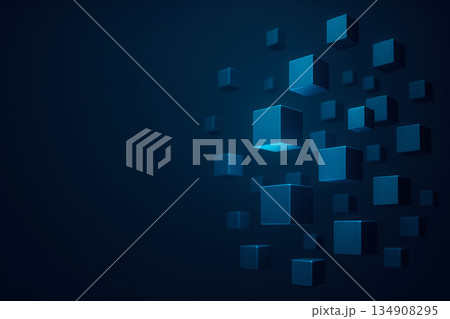 Blue cubic blocks floating on a dark background. Space for text. Blue cubic blocks floating on a dark background. Space for text. 134908295