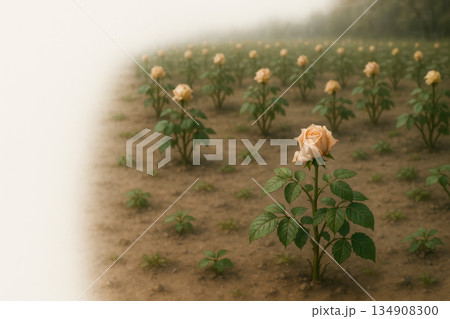 A field of roses with one rose standing out in the foreground. Space for text. A field of roses with one rose standing out in the foreground. Space for text. 134908300