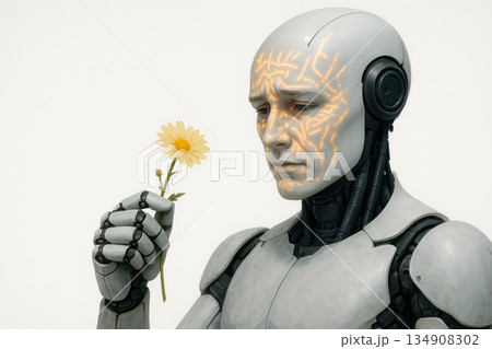 A robot with a sad face is holding a daisy flower. Space for text. A robot with a sad face is holding a daisy flower. Space for text. 134908302