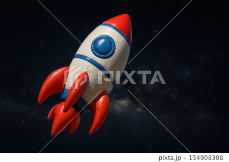 A toy rocket flies through starry space among galaxies. Space for text. A toy rocket flies through starry space among galaxies. Space for text. 134908308