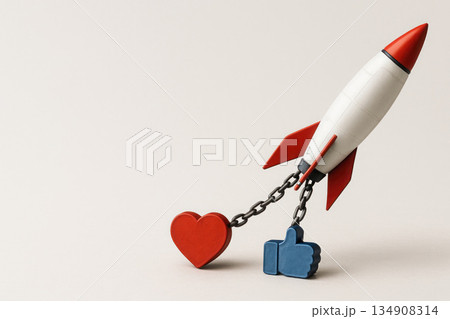 A photorealistic rocket that stretches chains to the heart and like. Space for text. A photorealistic rocket that stretches chains to the heart and like. Space for text. 134908314