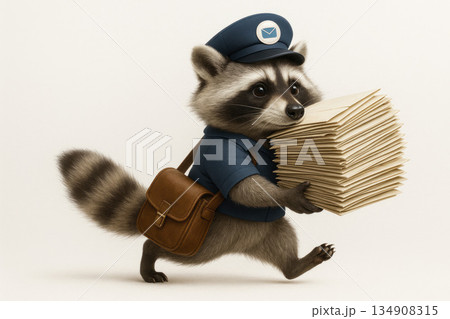 A uniformed raccoon postman carries a large stack of letters. 134908315