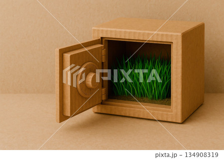 An open cardboard safe with growing grass inside. Space for text. An open cardboard safe with growing grass inside. Space for text. 134908319
