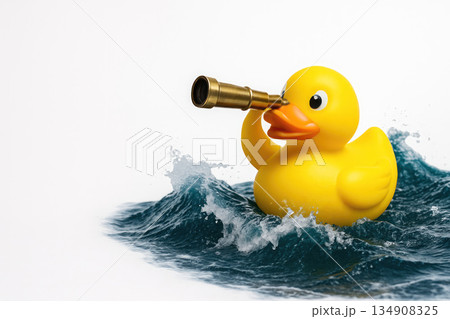 Photorealistic rubber duck with a spyglass, swimming in a stormy sea. Space for text. 134908325