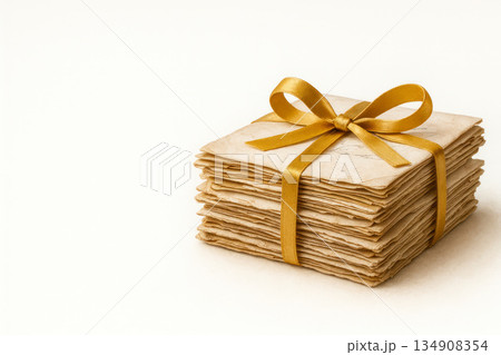 A bundle of old letters tied with a gold ribbon. Space for text. A bundle of old letters tied with a gold ribbon. Space for text. 134908354