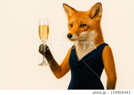 Fox in an evening dress with a glass of champagne. Space for text. Fox in an evening dress with a glass of champagne. Space for text. 134908441