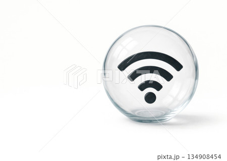 A glass ball with a Wi-Fi symbol inside. Space for text. A glass ball with a Wi-Fi symbol inside. Space for text. 134908454