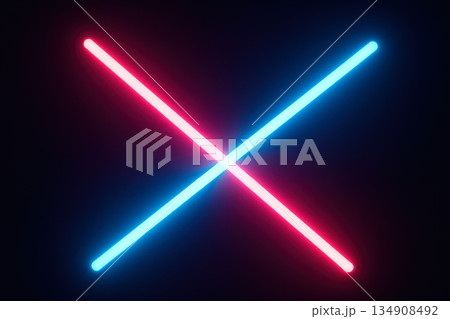 Two neon lightsabers crossed on a dark background. 134908492