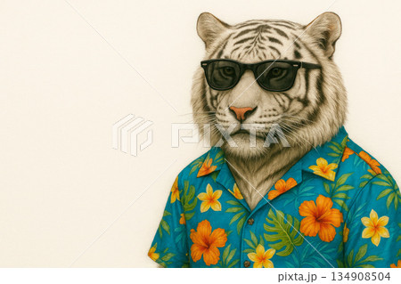 A white tiger in a Hawaiian shirt and glasses. Space for text. A white tiger in a Hawaiian shirt and glasses. Space for text. 134908504