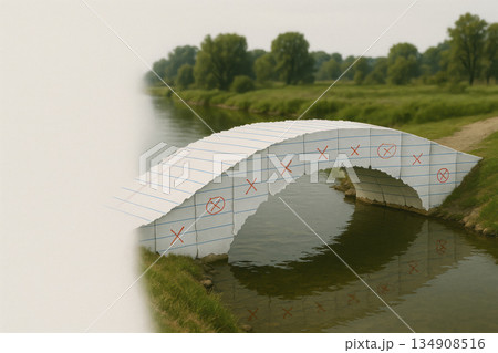 Photorealistic paper bridge made of torn notebook sheets over the river. Space for text. 134908516