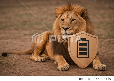 A lion with a cardboard shield with a battery symbol. Space for text. 134908519