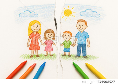 A torn child's drawing of a family separated after the divorce of parents. 134908527