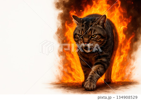 The cat walks through the fire with a determined look. Space for text. 134908529