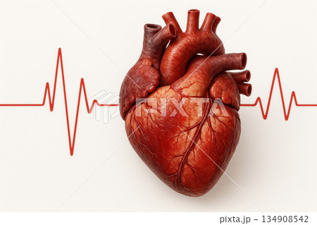 Realistic human heart with pulse line background. Space for text. 134908542
