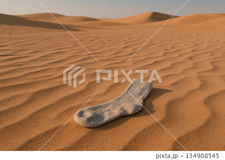A lonely gray sock on the desert sands. Space for text. A lonely gray sock on the desert sands. Space for text. 134908545