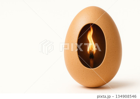 A photorealistic egg with a match inside, blazing with fire. Space for text. A photorealistic egg with a match inside, blazing with fire. Space for text. 134908546