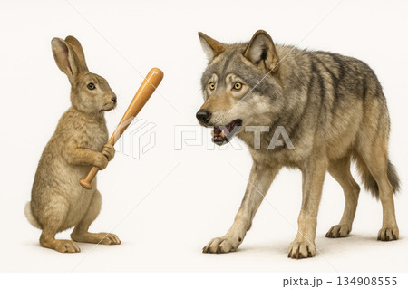 Rabbit with a bat against a wolf on a light background. 134908555