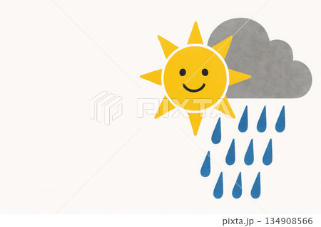 The sun with a smile and rain is a duality of mood. Space for text. 134908566