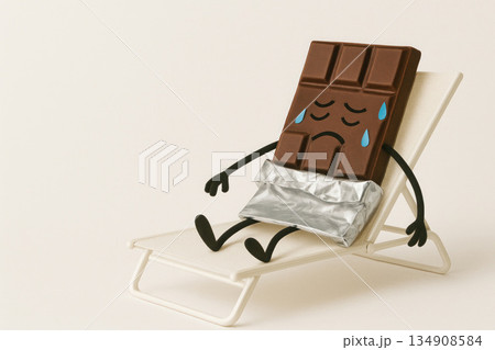 A sad chocolate bar melts on a sun lounger. Space for text. 134908584