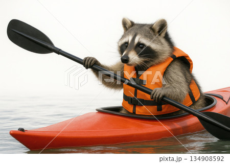Raccoon in life jacket paddling in kayak. Raccoon in life jacket paddling in kayak. 134908592