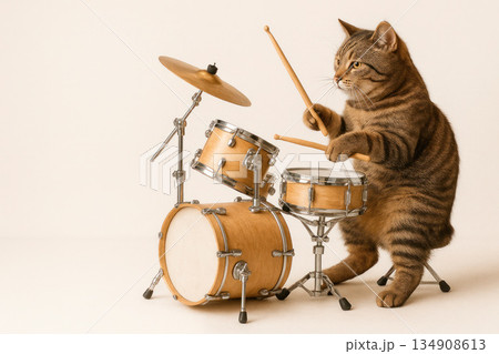 The cat plays the drums. Space for text. 134908613