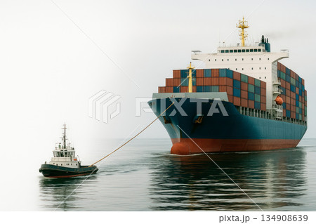 A small tugboat is pulling a huge cargo ship. Space for text. 134908639