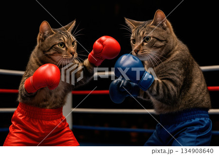 Two cats in boxing gloves fighting in the ring. 134908640