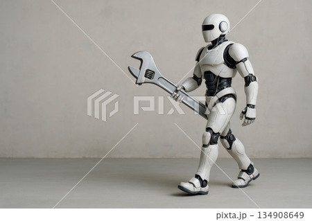 The robot carries a huge metal wrench. Space for text. The robot carries a huge metal wrench. Space for text. 134908649