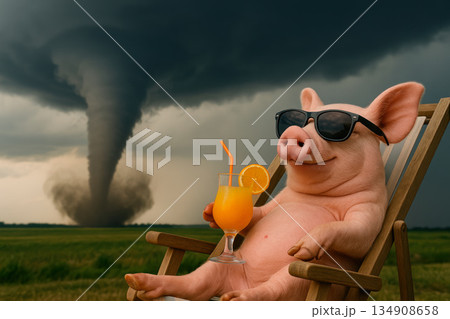 A pig with glasses resting with a cocktail before a tornado. A pig with glasses resting with a cocktail before a tornado. 134908658
