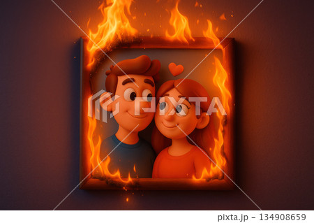 A picture with a couple burns in fire as a symbol of love. A picture with a couple burns in fire as a symbol of love. 134908659