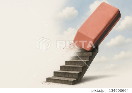 A staircase that is erased by a giant eraser. Space for text. A staircase that is erased by a giant eraser. Space for text. 134908664