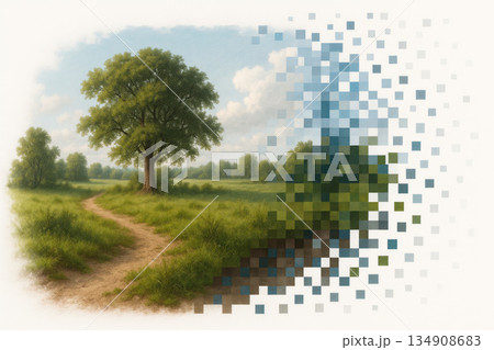 A tree in a meadow turning into pixels. A tree in a meadow turning into pixels. 134908683