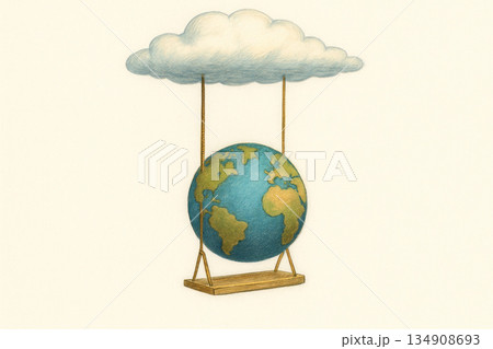 Planet Earth on a swing, suspended from a cloud. Space for text. 134908693