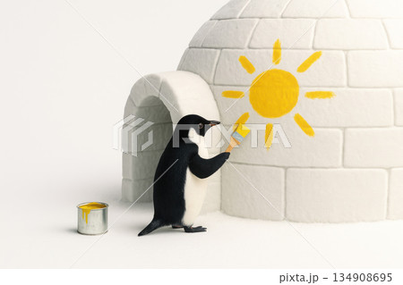A penguin draws the sun on an igloo. Space for text. 134908695