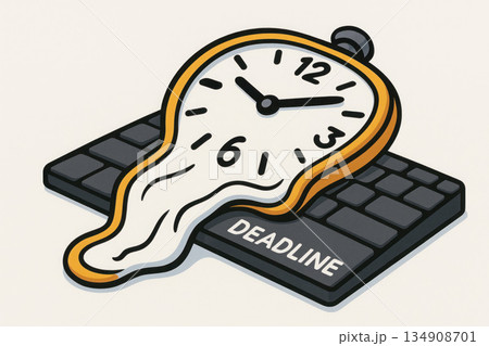 A melted watch on the keyboard with the word Deadline. Space for text. A melted watch on the keyboard with the word Deadline. Space for text. 134908701