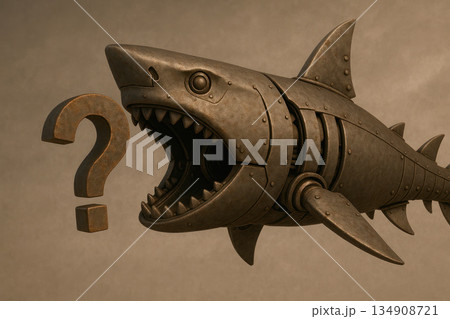 Metal shark robot swallows a question mark. Metal shark robot swallows a question mark. 134908721
