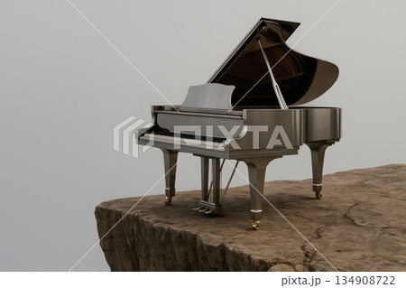 A metal piano on the edge of a cliff. Space for text. A metal piano on the edge of a cliff. Space for text. 134908722