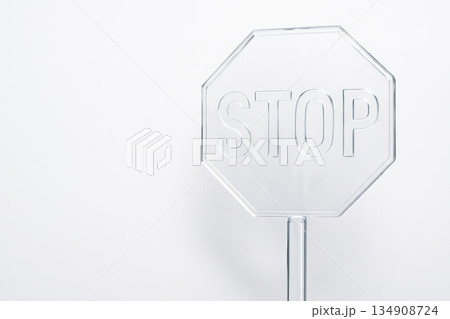 Transparent glass STOP sign. Space for text. Transparent glass STOP sign. Space for text. 134908724