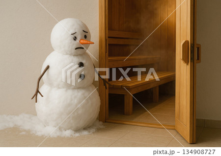 A sad snowman at the entrance to the sauna. 134908727
