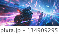 a man is riding a motorcycle through a futuristic city at night 134909295