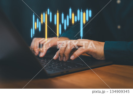 Stock market analysis with candlestick chart on laptop, businessman showing financial trading, investment strategies, forex, crypto, and business analytics for digital finance and economic growth. Stock market analysis with candlestick chart on laptop, businessman showing financial trading, investment strategies, forex, crypto, and business analytics for digital finance and economic growth. 134909345