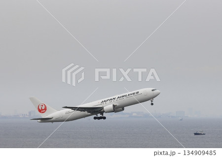 離陸、上昇する旅客機 東京スカイツリーを背景に離陸するJAL機 離陸、上昇する旅客機 東京スカイツリーを背景に離陸するJAL機 134909485