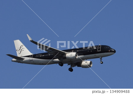 夏空を背景に着陸する旅客機　着陸進入するスターフライヤー機 134909488