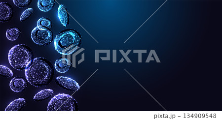 Futuristic biotech and microbiology concept with glowing blood cells on dark blue background.  134909548