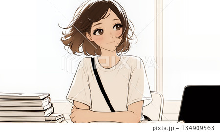 会議で発表している男性に魅了され、新しい恋の予感を抱いた若い女性（シンプルな色使い）