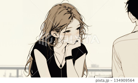 会議で発表している男性に魅了され、新しい恋の予感を抱いた若い女性（シンプルな色使い）